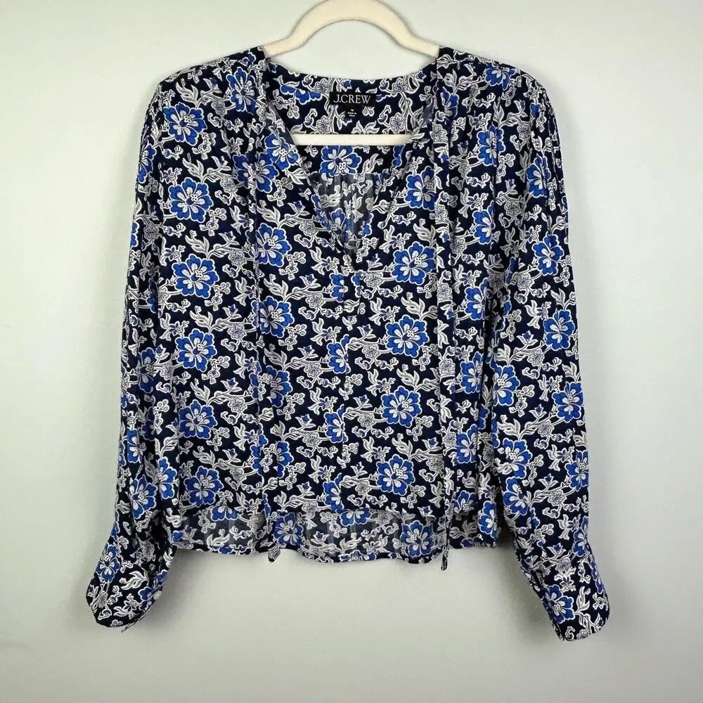 J.Crew V Neck Tie Top Floral Cotton Blend Dobby Blue Floral Long Puff Sleeve M